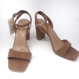 A New Day Light Beige Sandal Women Faux Suede Chunky 3.5 Heel Sexy Size 12